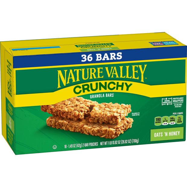 Nature Valley Crunchy Oats 'n Honey Granola Bars, 60 Bars, 44.7 OZ (30 Pouches)