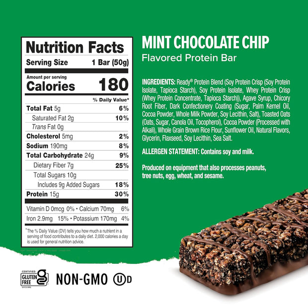 Ready® Protein Bars - High-Protein Snack with 15g Whey Protein, With Flaxseeds and Omega-3s for Sustained Energy, Supports Lean Muscle and Recovery - Mint Chocolate Chip Bundle (15-Pack)