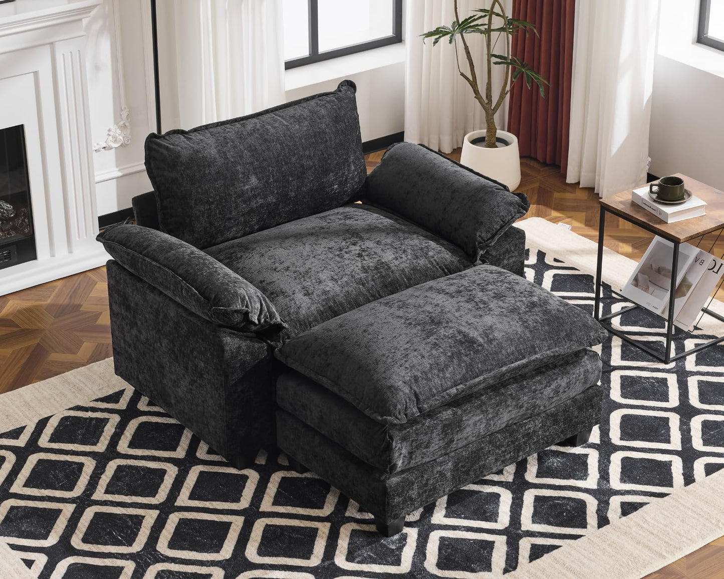 Karl home Sectional Sofa Modular Deep Seat Sofa Couch with Ottoman, Chenille Sofa Sleeper Comfy Upholstered Furniture for Living Room, Apartment, Studio, Office, (3-Seat & 1-Ottoman, Beige)