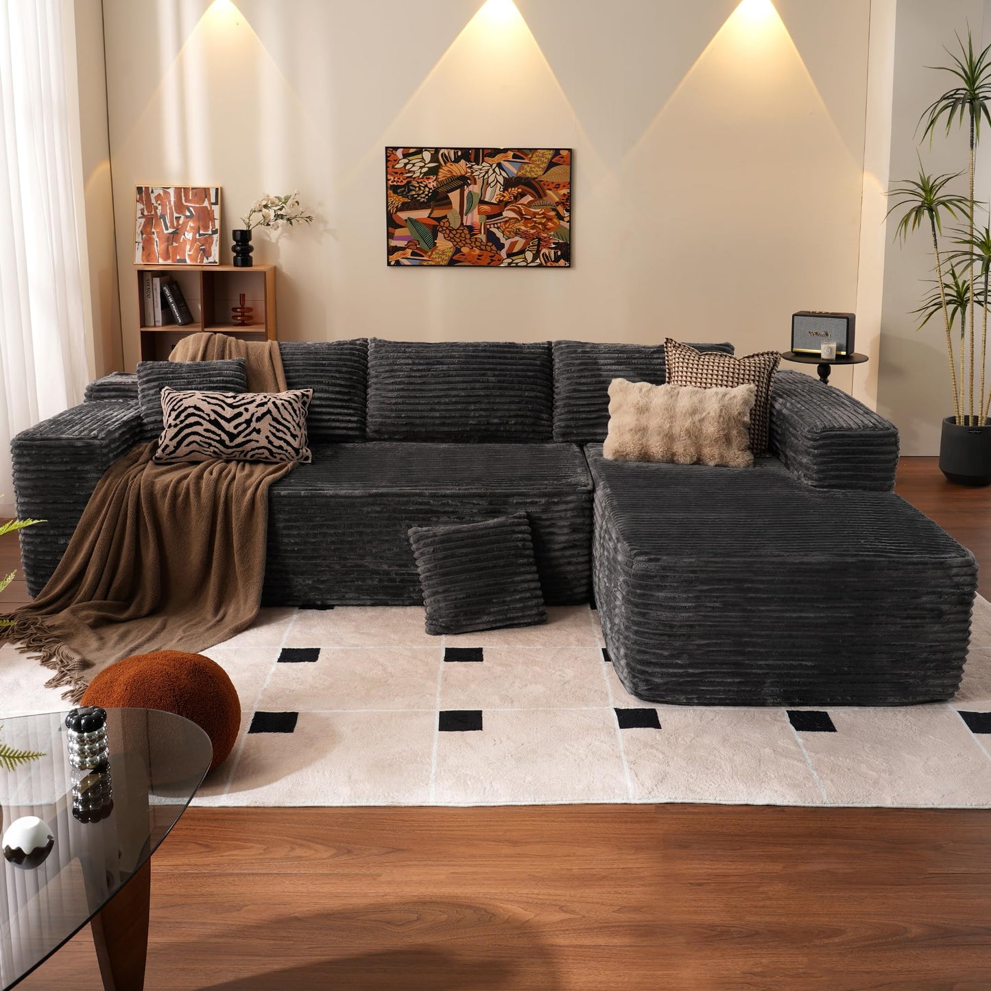 ovios Sectional Cloud Couch for Living Room, Modular Floor Sofa with Plush Corduroy, No Assembly Required, Big Comfy Couches Set with Fluffy Memory Foam, Stupendous U Shaped Sofas with Chaise, Brown