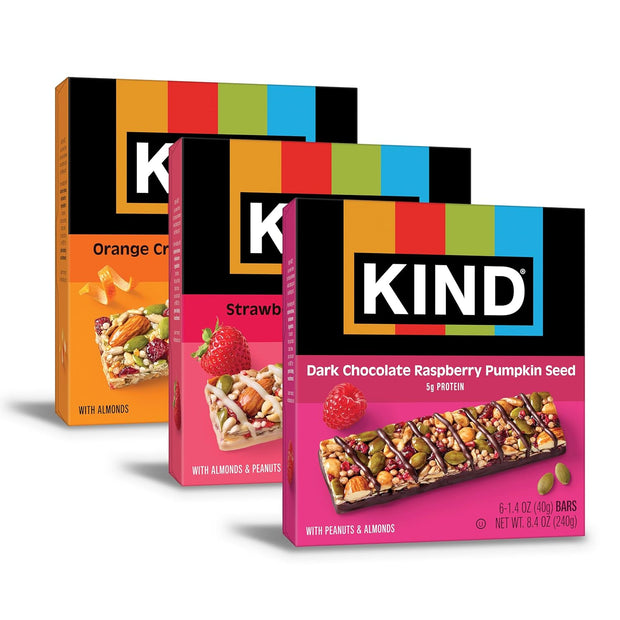 KIND Bars Seeds, Fruit and Nuts Variety Pack, Strawberry, Dark Chocolate Raspberry and Orange Cranberry, Good Source of Fiber, 5g Protein, Gluten Free Snack Bars, 18 Count
