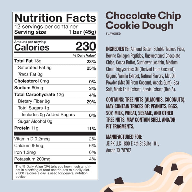 Perfect Collagen Protein Bars, Gluten Free Grass Fed Collagen + MCT Oil, Low Carb, No Sugar Added, High Protein Snacks, Keto Diet Foods, 11g Protein, 18g Fat, 3g Net Carbs, Chocolate Chip, 12 Bars