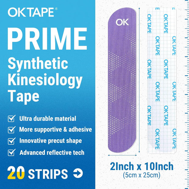 OK TAPE Synthetic Kinesiology Tape, 20 Strips Precut K Tape, Waterproof, Elastic Athletic Tape for Pain Relief & Muscle Support, Reflective Design, 2" x 10" -Purple