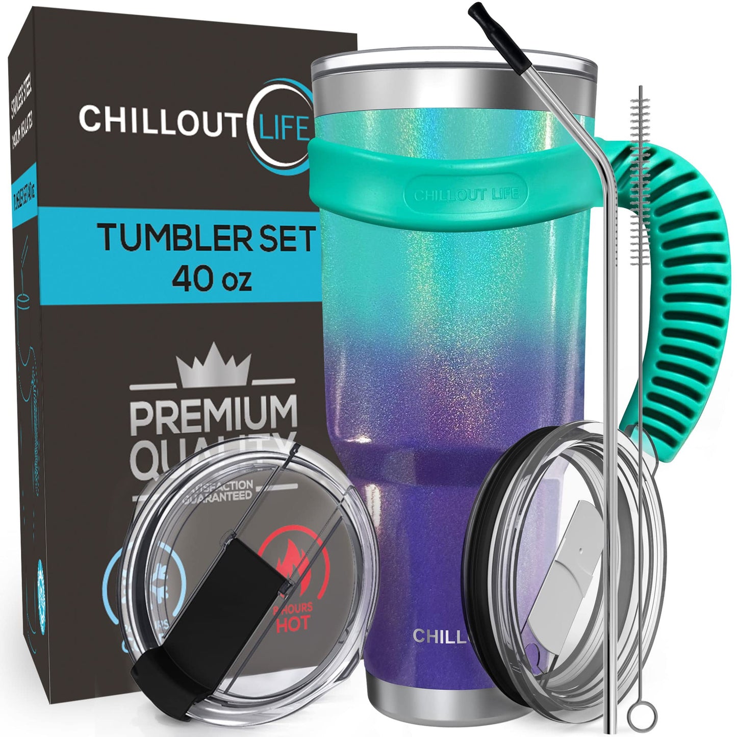 CHILLOUT LIFE Stainless Steel Travel Mug with Handle 30 oz – 6 Piece Set. Tumbler with Handle, Straw, Cleaning Brush & 2 Lids. Double Wall Insulated Large Coffee Mug Bundle