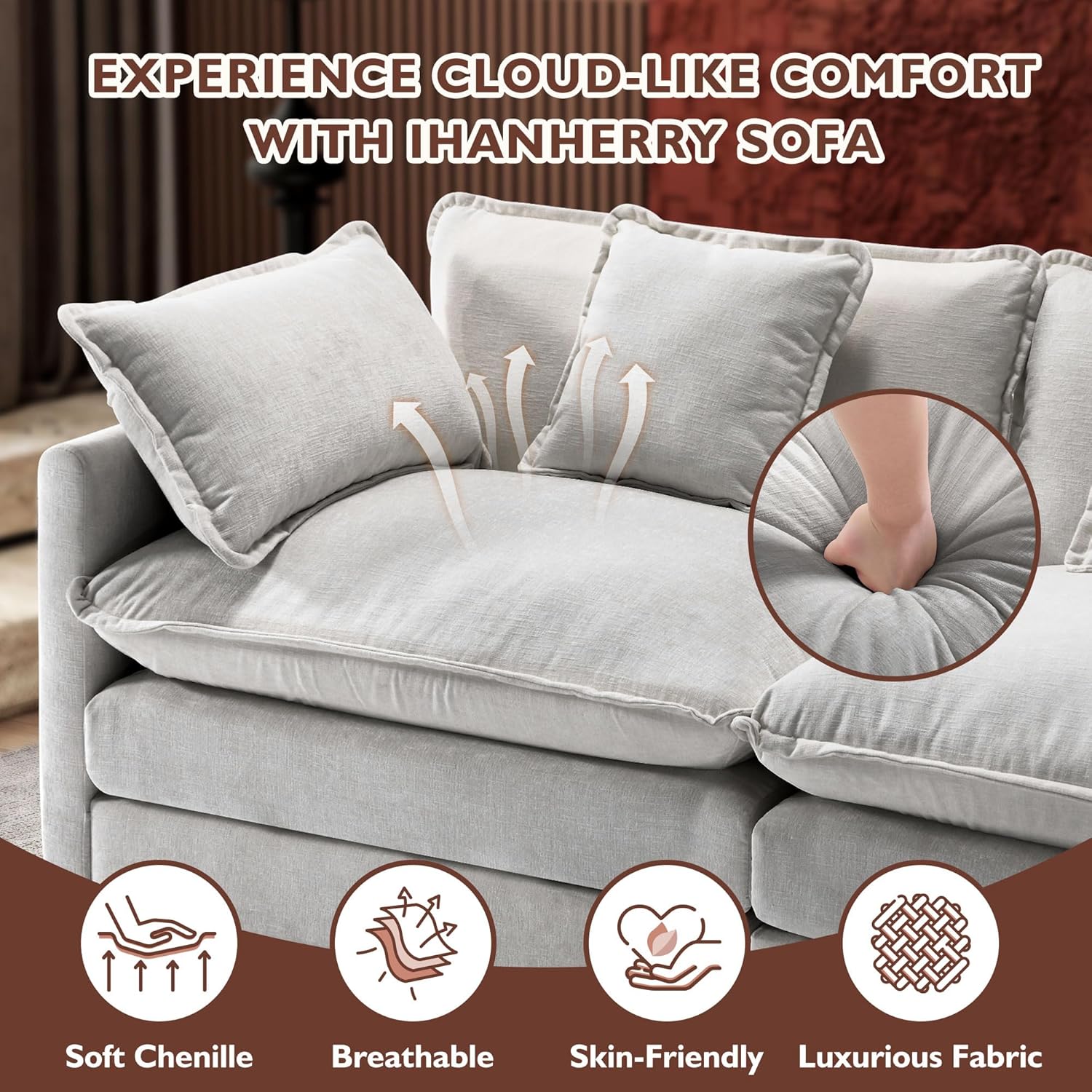 Ihanherry 146" U-Shaped Modern Sofa Modular Sectional Cloud Couch with 2 Ottoman, 6-Seat Chenille Deep Seat Sofa with 6 Pillows for Living Room, Bedroom and Apartment, Grey