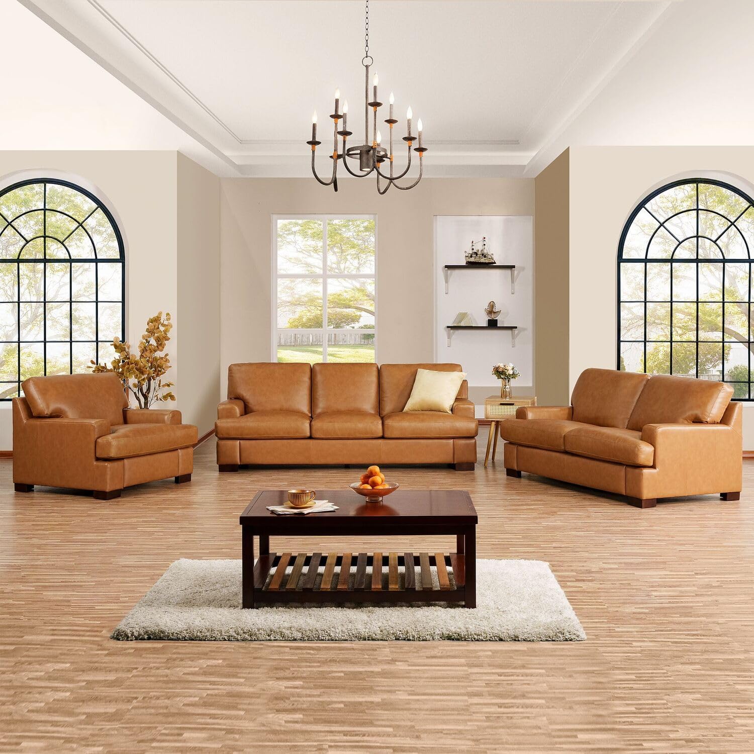 Naomi Home Siggy Genuine Leather Sofa - Set of 3 Luxurious Comfort, Goose Feather Cushion Filling, Square Arm Design, Sturdy Block Legs, Elegant Tan - Ideal for Living Room, Office, or Bedroom
