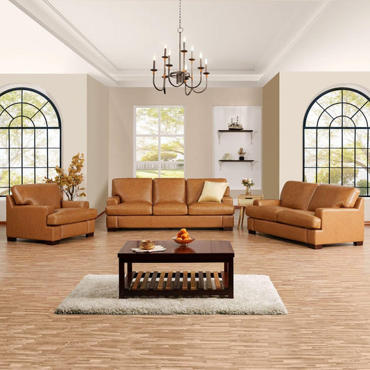 Naomi Home Siggy Genuine Leather Sofa - Set of 3 Luxurious Comfort, Goose Feather Cushion Filling, Square Arm Design, Sturdy Block Legs, Elegant Tan - Ideal for Living Room, Office, or Bedroom