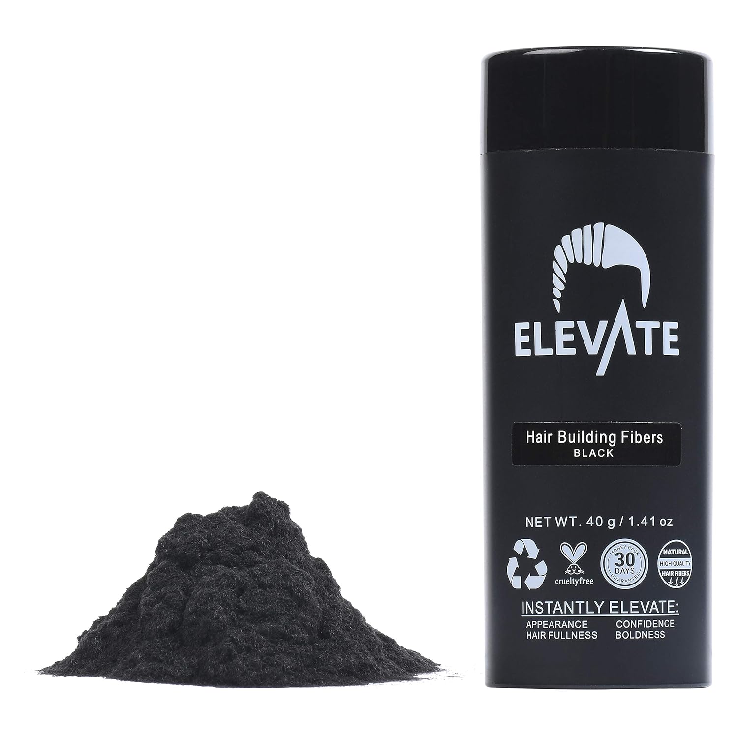 ELEVATE Hair Fibers for Thinning Hair Large Size 40g Bottle - 100% Natural Undetectable Keratin Fibers to Instantly Fill in Thinning Balding Loss Area Fuller in 30 Seconds Men & Women (Black)
