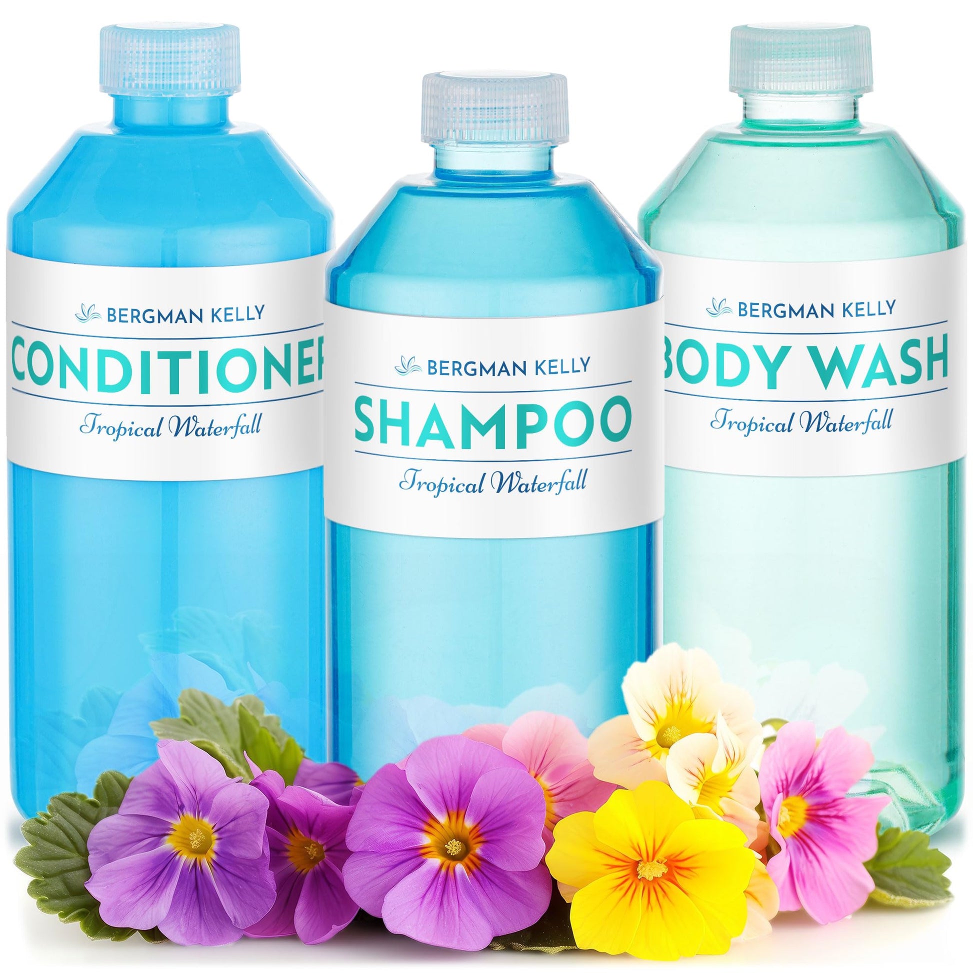 BERGMAN KELLY Hotel Toiletries Bundle (Tropical Waterfall, 1 oz each, 200 Pieces) 4-Piece Set: 50 Rectangular Bar Soap, 50 Shampoo, 50 Conditioner & 50 Body Lotion - Bulk Mini Guest Amenities