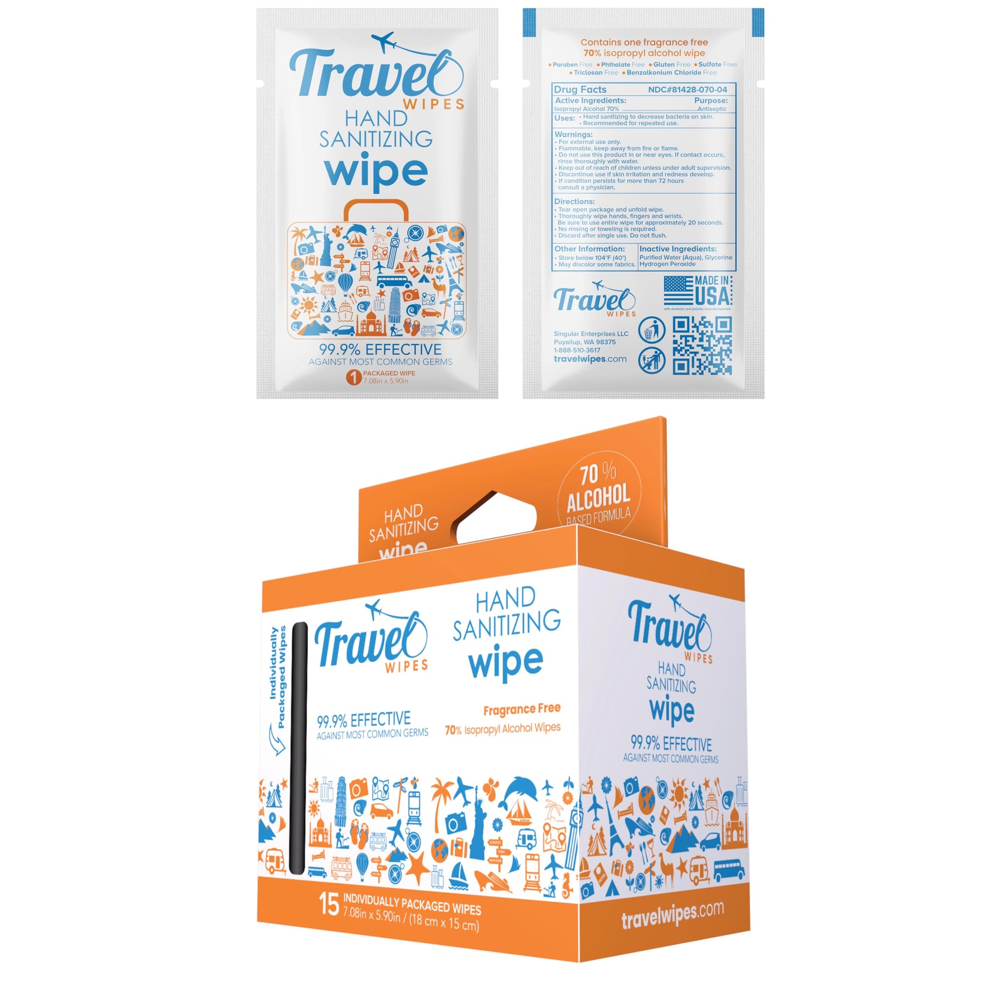 Hand Sanitizing Travel Wipes – 30ct Individually Wrapped | Fragrance-Free, Moisturizing, 70% Isopropyl Alcohol Wipes | Travel, Home, Office, Daily Use | Made in USA
