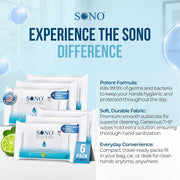 SONO Alcohol-Free Sanitizing Hand Wipes with Bergamot & Aloe Essential Oil - Hospital-Grade Disinfectant - Individually Wrapped Travel Size - 6 Packs of 20 - Gentle Cleaning & Germ Protection Anywhere