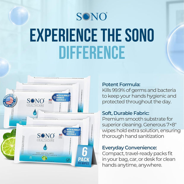 SONO Alcohol-Free Sanitizing Hand Wipes with Bergamot & Aloe Essential Oil - Hospital-Grade Disinfectant - Individually Wrapped Travel Size - 6 Packs of 20 - Gentle Cleaning & Germ Protection Anywhere