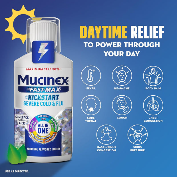Mucinex Maximum Strength Fast-Max Cold & Flu and Nightshift, All-in-One Multi Symptom Relief Liquid, 6 Fl Oz - 2 Count (Pack of 1)