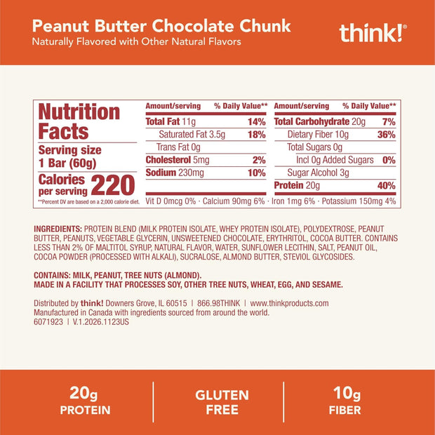 think! Protein Bars, High Protein Snacks, Gluten Free, High Fiber, Peanut Butter Chocolate Chunk, 10 Count