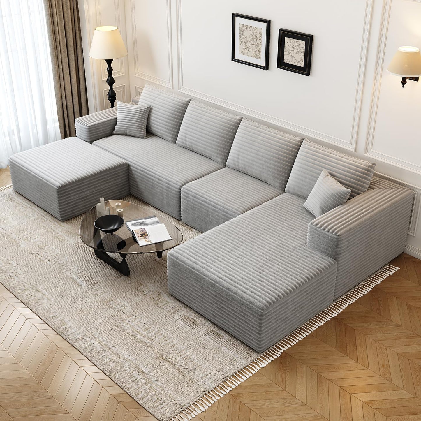 107.5" Cloud Modular Sectional Sofa with 1 Ottoman,Modern Minimalist Upholstered Couches, Comfort U Shaped Sofa for Living Room,Deep Seat Corner Couch，No Assembly Required (Black,Left Facing Chaise)