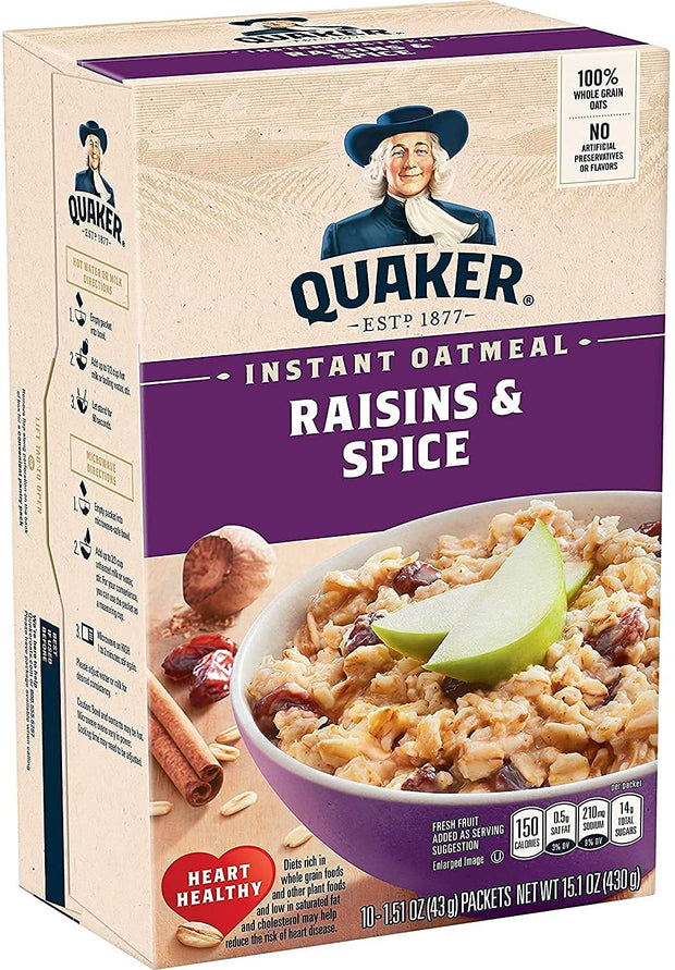 Quaker Instant Oatmeal, Raisin & Spice, Breakfast Cereal, 10 count , 1.51 oz Packets Per Box (Pack of 4)
