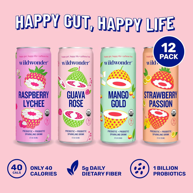 wildwonder Sparkling Probiotic Drink 12pk, For Gut Health & Immune Support, Classic Variety Pack, 5g Prebiotic Fiber, Live Probiotics, Organic, Vegan, Low Sugar, 12 Pack, 12oz Can, Seen on Shark Tank