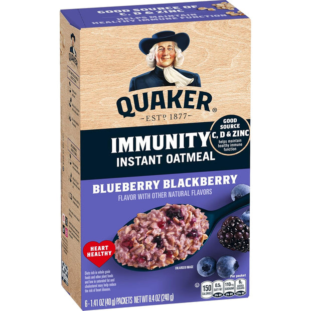 Quaker Immunity Instant Oatmeal, Blueberry Blackberry, Good Source of Vitamins C, D, & Zinc, Whole Grains, No Artificial Flavors, No Colors from Artificial Sources, 1.41 oz Packets, (6 Pack)