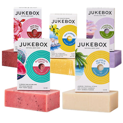 JUKEBOX Soap Sampler Gift Pack- 5 Bar Soaps- Island In The Sun, Lavender Fields Forever, Rose Hips Don't Lie, Watermelon Disco, That's Limone