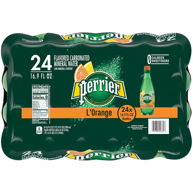 Perrier L'Orange Flavored Carbonated Mineral Water (Lemon Orange Flavor), Plastic Bottles, 16.9 Fl Oz (Pack of 24)