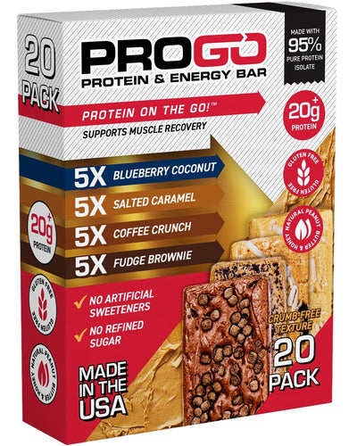 ProGo Protein Bars, Low Sugar, High Protein Snacks (Up to 21g) - 95% Pure Isolate for Faster Muscle Growth & Recovery, Low Calorie, Sweetened w/Peanut Butter & Raw Honey (20-Count, Variety Pack)
