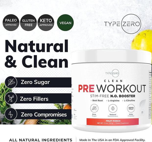 Ultra Clean Stim Free Pump Pre Workout + Nitric Oxide Booster (Fruit Punch) Beetroot, 7G Arginine Citrulline Malate, Betaine, Beta A, ACV+ - Sugar/Caffeine Free Natural Non Stim Preworkout Men & Women