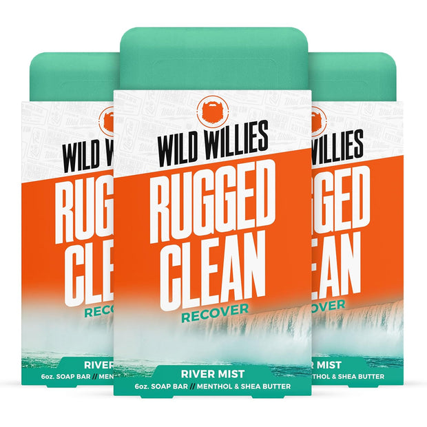 Wild Willies Moisturizing Mens Bar Soap - Bath Soaps with Shea Butter for Odor Protection - Natural Body Bar for Men - River Mist Scent, 3 Pack