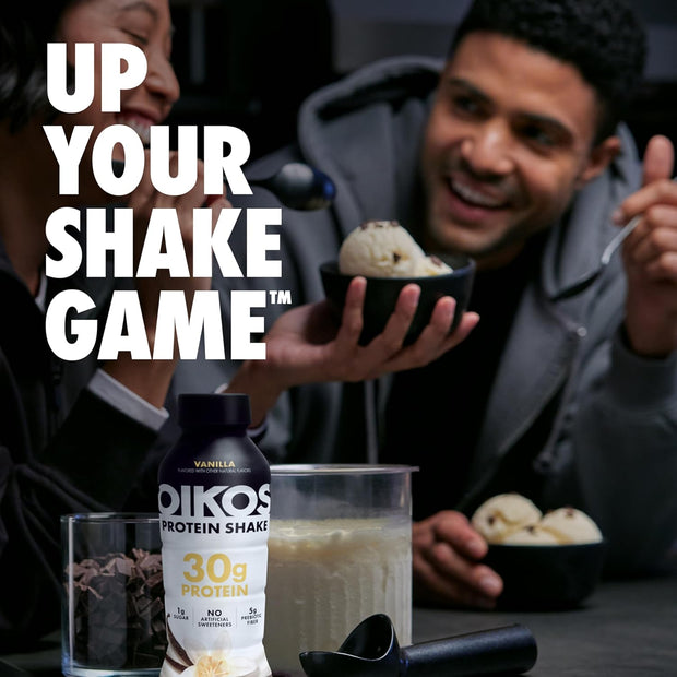 Oikos Protein Shake, Vanilla, 30g High Protein Drinks, Shelf Stable, Ready to Drink, 5g Prebiotic Fiber, 12 fl oz Bottle, 12 Count​