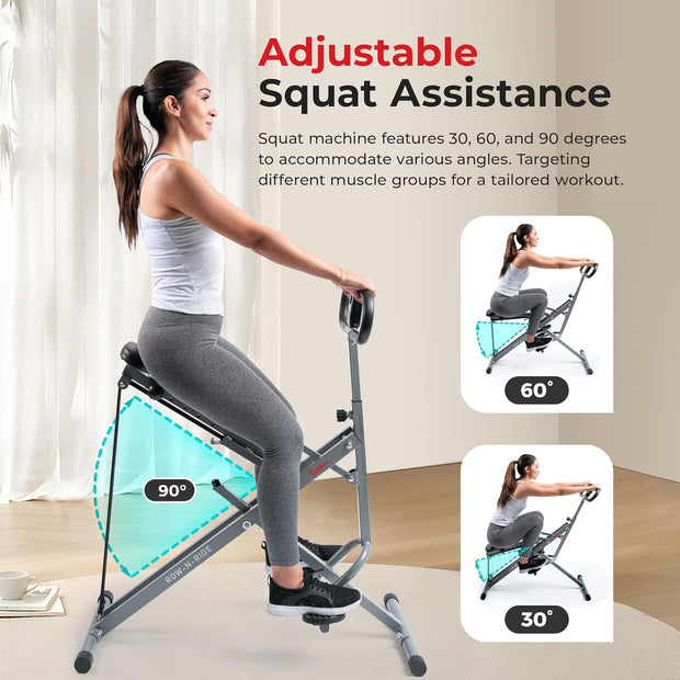 Sunny Health & Fitness Row-N-Ride Squat Assist Trainer, Foldable & Easy Setup Exercise w/Adjustable Resistance, Home Training Machine for Arm, Glute & Leg Workout, Optional Free SunnyFit App Connect