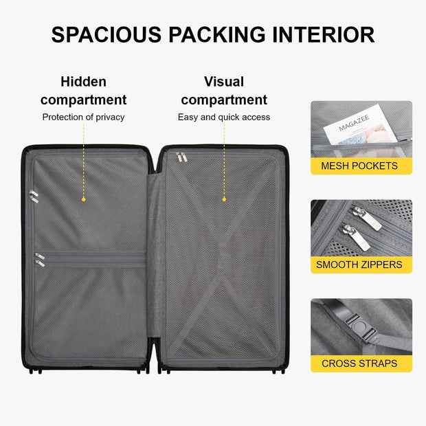 LEVEL8 Trunk Luggages, Large Suitcase 28 Inch Luggage with Spinner Wheels, Luminous Textured Checked Lightweight Hard Shell with Tsa Lock, Black