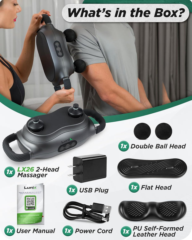Lunix LX26 2-Head Professional Deep Tissue Massage Gun, Chiropractic Massager, Body Sport Vibrating Back Massager Machine for Pain Relief