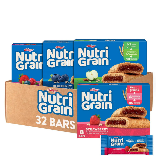 Nutri-Grain Soft Baked Breakfast Bars, Kids Snacks, Whole Grain, Variety Pack (4 Boxes, 32 Bars)