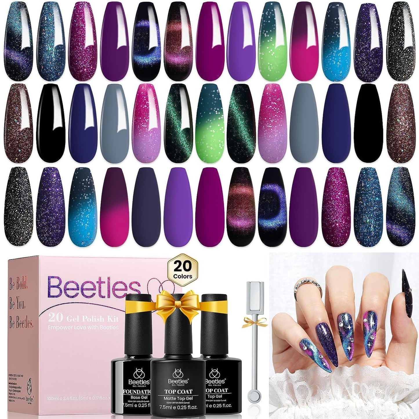 Beetles Cat Eye Gel Nail Polish Set-36 Colors Red Purple Brown Green Burgundy Magnetic Gel Nail Polish with Base Gel Glossy Matte Top Coat Magnet,Soak off UV Nail Gel DIY Nail Art Gift for Women