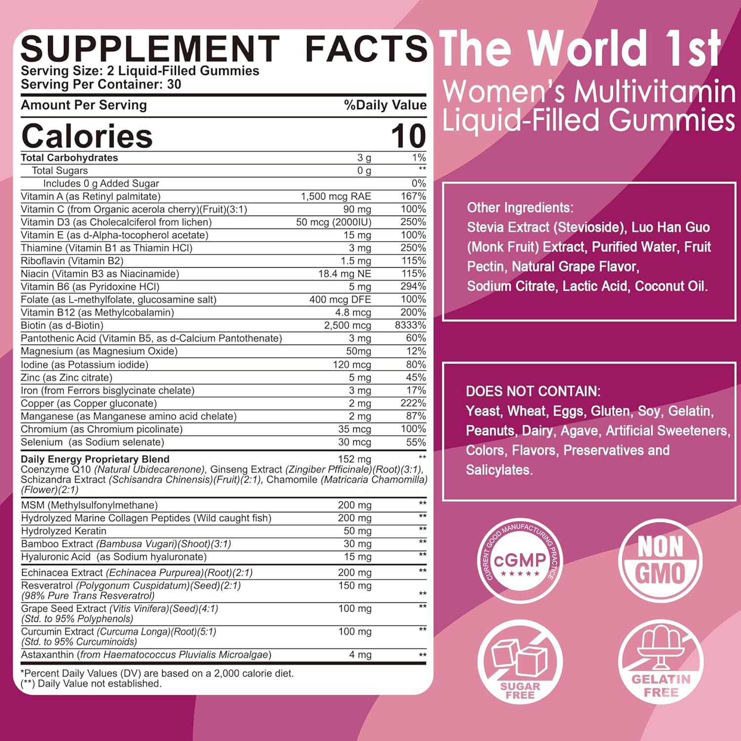 Womens Multivitamin Gummy with Iron, Biotin 2500mcg, Collagen, Keratin, Daily Vitamins A C D E Folate, B Complex, Methylated Multivitamin for Women Support Energy, Beauty, Immune, Sugar Free, 60 Count