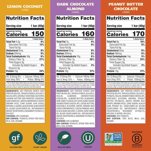 Simply Protein - Crispy Vegan Protein Bars Variety Pack, 3 Flavors - Plant Based, Protein Snacks - 13g Protein, 2g Sugar, 7g Fiber - Gluten Free, Non GMO, Kosher - 12 Bars