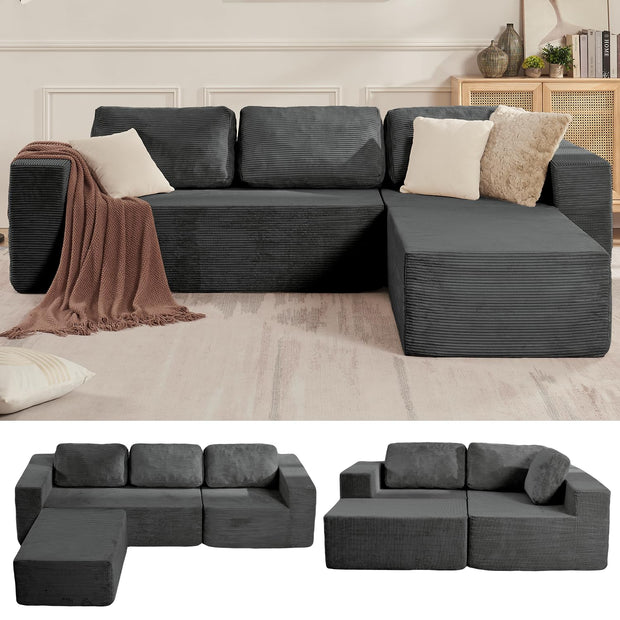 106" Cloud Sectional Couch, Left/Right Facing Convertible Sofa with Deep Seat, L-Shape Modular Upholstered Foam Couch for Living Room Bedroom, No Assembly Required (Corduroy Fabric, Beige)