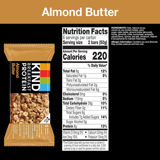 KIND Breakfast Protein Bars, Almond Butter, Healthy Snacks, Gluten Free, 8g Protein, 6 Count