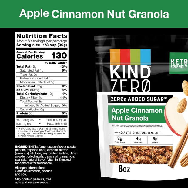 KIND Zero Added Sugar Keto Granola, Variety Pack, Apple Cinnamon Nut and Caramel Mocha Nut, Good Source of Fiber, Gluten Free, Low Sugar, 5g Protein, 2 Count