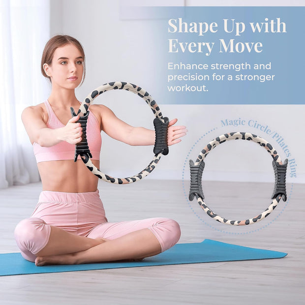 Pilates Ring Fitness Circle for Women – 12" Magic Circle Pilates Equipment Tool with Exercise Guide - Leopard Print