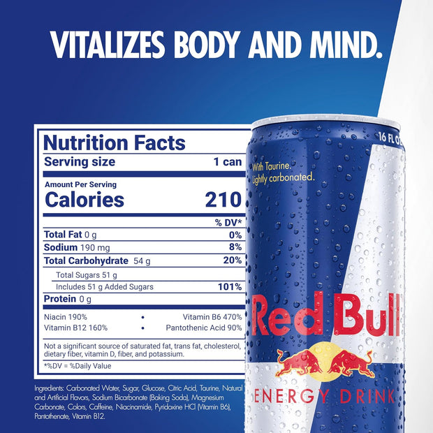 Red Bull Energy Drink with 151mg Caffeine plus Taurine & B Vitamins, 16 Fl Oz, Pack of 12 Cans