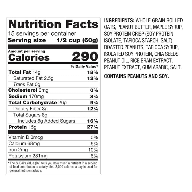 PBfit Peanut Butter Protein Granola, 15g Plant-Based Protein 22% DV, Made with Whole Grain Oats and Chia Seeds, Gluten Free, for Protein Snacks Cereals Breakfast Yogurt, 32 Oz Bag