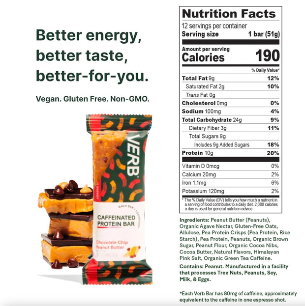 Verb Energy Caffeinated Protein Bar Bundle – Chocolate Chip Peanut Butter & Oatmeal Chocolate Chip – 10g Plant-Based Protein – Vegan, Gluten-Free, 200-Calorie Low Sugar Energy Bars with Organic Green