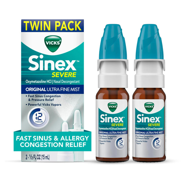 Vicks Sinex SEVERE Allergy & Sinus Nasal Spray, Original Ultra Fine Mist, Decongestant Medicine, Relief from Nasal Congestion due to Cold or Allergy, Sinus Pressure Relief, 265 Sprays x 2