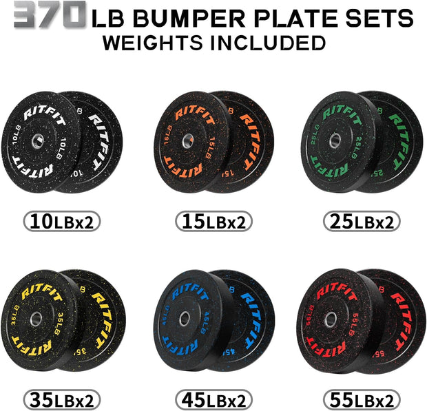 RitFit Bumper Plates, Colored Fleck-Rubber Weight Plates with Steel Insert, 2-inch Olympic Weight Plates for Weight Lifting and Strength Training, 370LB set