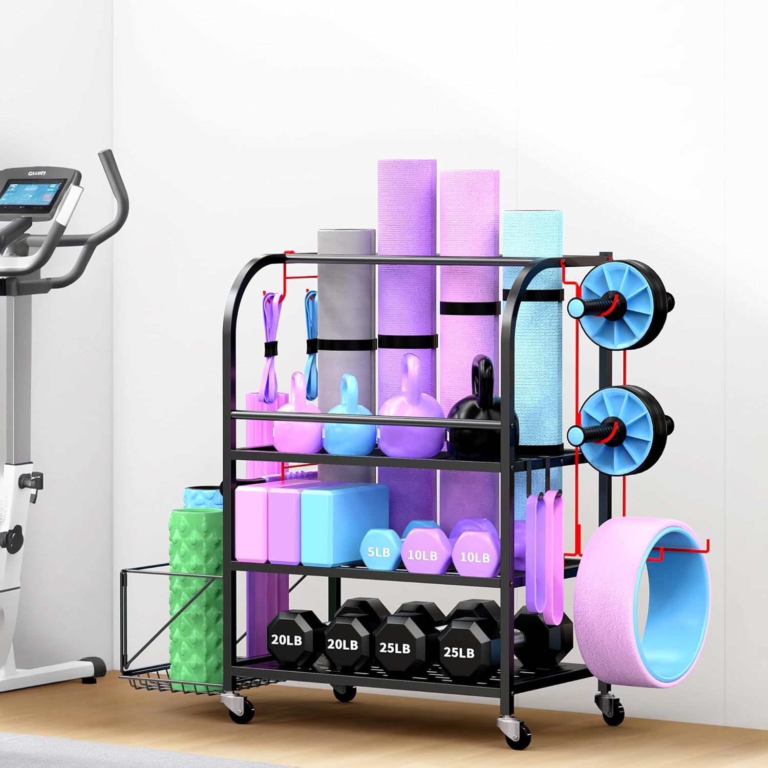 Dumbbell Rack, Weight Rack for Home Gym, 400LBS Metal Home Gym Storage with Lockable Wheels & 4 Adjustable Hooks, Weight Stand for Yoga Mat Storage, Dumbbells, Kettlebell, Foam Roller