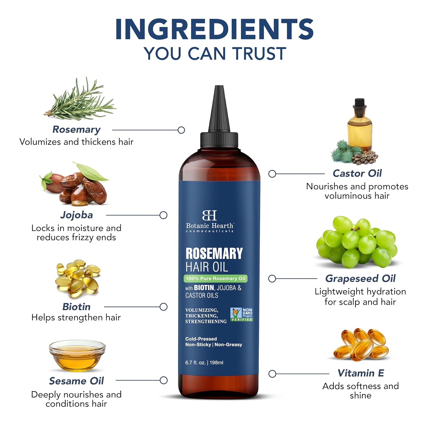 Botanic Hearth 100% Pure Rosemary Oil For Hair (6.7 fl oz) Infused With Biotin, Jojoba & castor Oil | Nourishing & Volumizing | Non GMO Verified