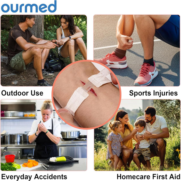 Wound Closure Strips(0.6"x 3.1" - 4 Pcs), Butterfly Bandages for Wound Care, Steri Emergency Laceration Closures Without Stitches for Outdoors Use.