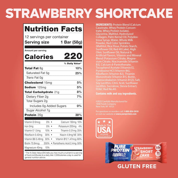 Pure Protein AMMMAZE Strawberry Shortcake Protein Bars (12 ct) 20g High Protein, No Added Sugar - Strawberry Meal Replacement Bar - On the Go Snacks