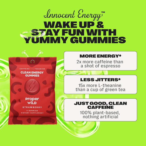 Proper Wild Vegan Energy Gummies with L-Theanine & Organic Caffeine, Clean Energy & Focus, Plant-Based, Gluten-Free, Non-GMO, Dairy-Free, Stevia-Free, Soy-Free, Strawberry (10-Pack)