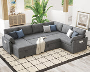 VanAcc Sleeper Sofa, Sofa Bed- 2 in 1 Pull Out Couch Bed with Storage Chaise, Sleeper Couch for Living Room, Grey Linen